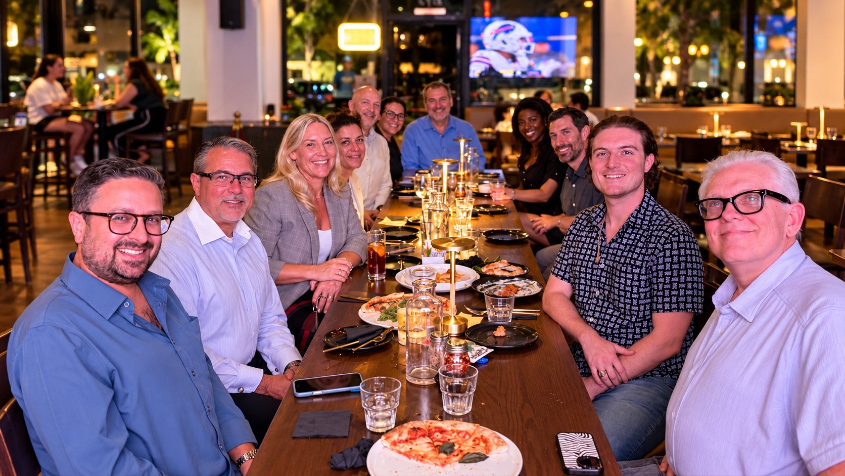 Guests seated along a long table at the Broward County meet and greet at Abby's Restaurant in Cooper City, smiling at the camera